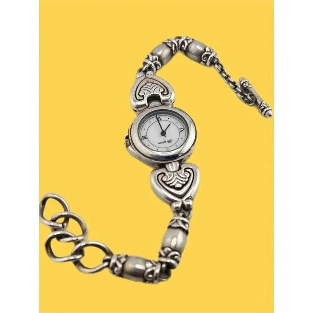 Brighton Bristol Silver Tone 24mm Women's Watch Heart Band w/ T Bar New Battery